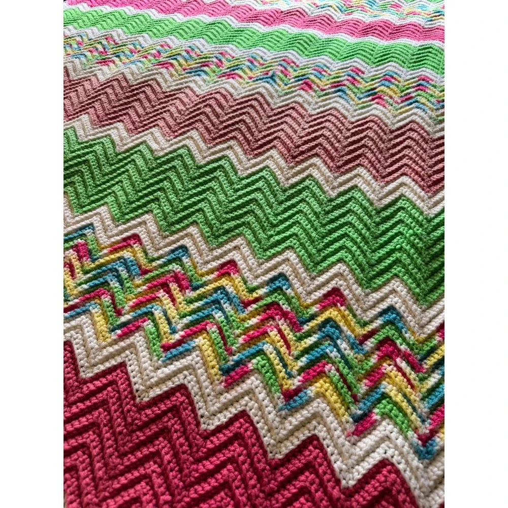Vintage Handmade Crochet Afghan Blanket Chevron Zig Zag Ripple Green Pink Multi